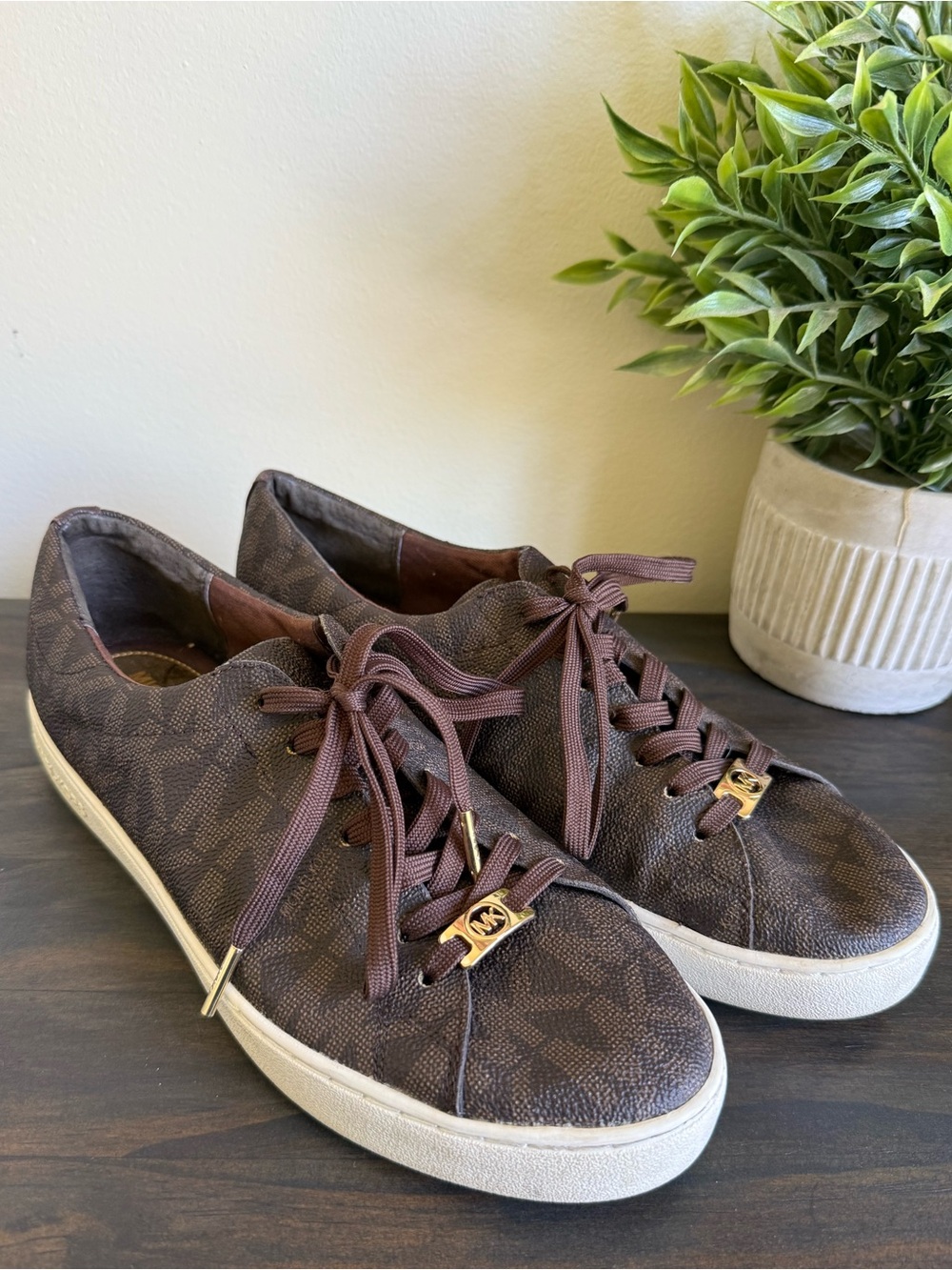 Michael Kors Brown Logo Leather-Trim Sneakers with Gold Insole